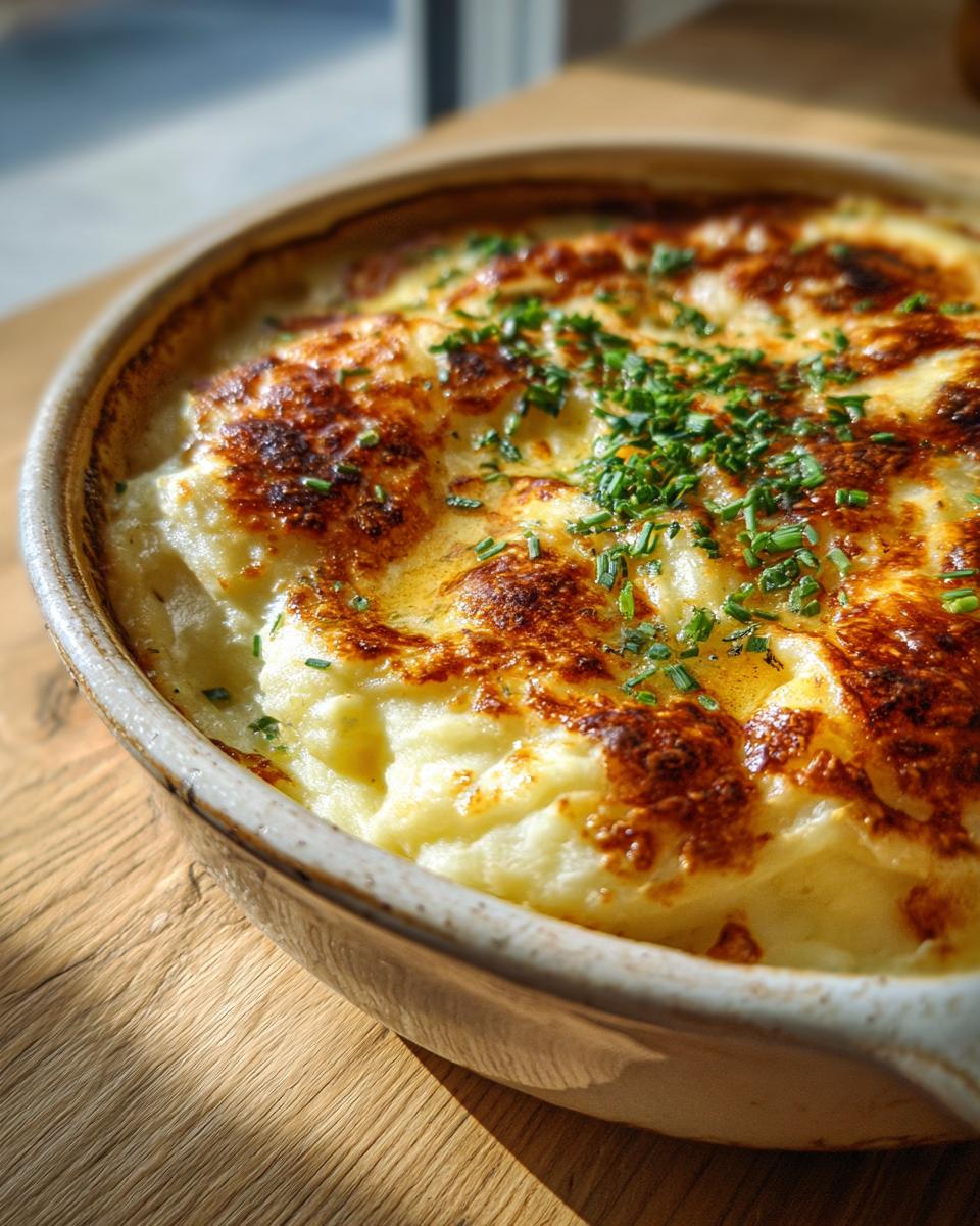 Close-up of a golden-brown baked potato dish, topped with fresh chives, part of 10 Irresistible Potato Recipes.