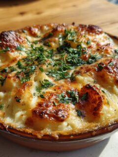 Close-up of a bubbling potato gratin, topped with melted cheese and fresh parsley, a perfect example of irresistible potato recipes.