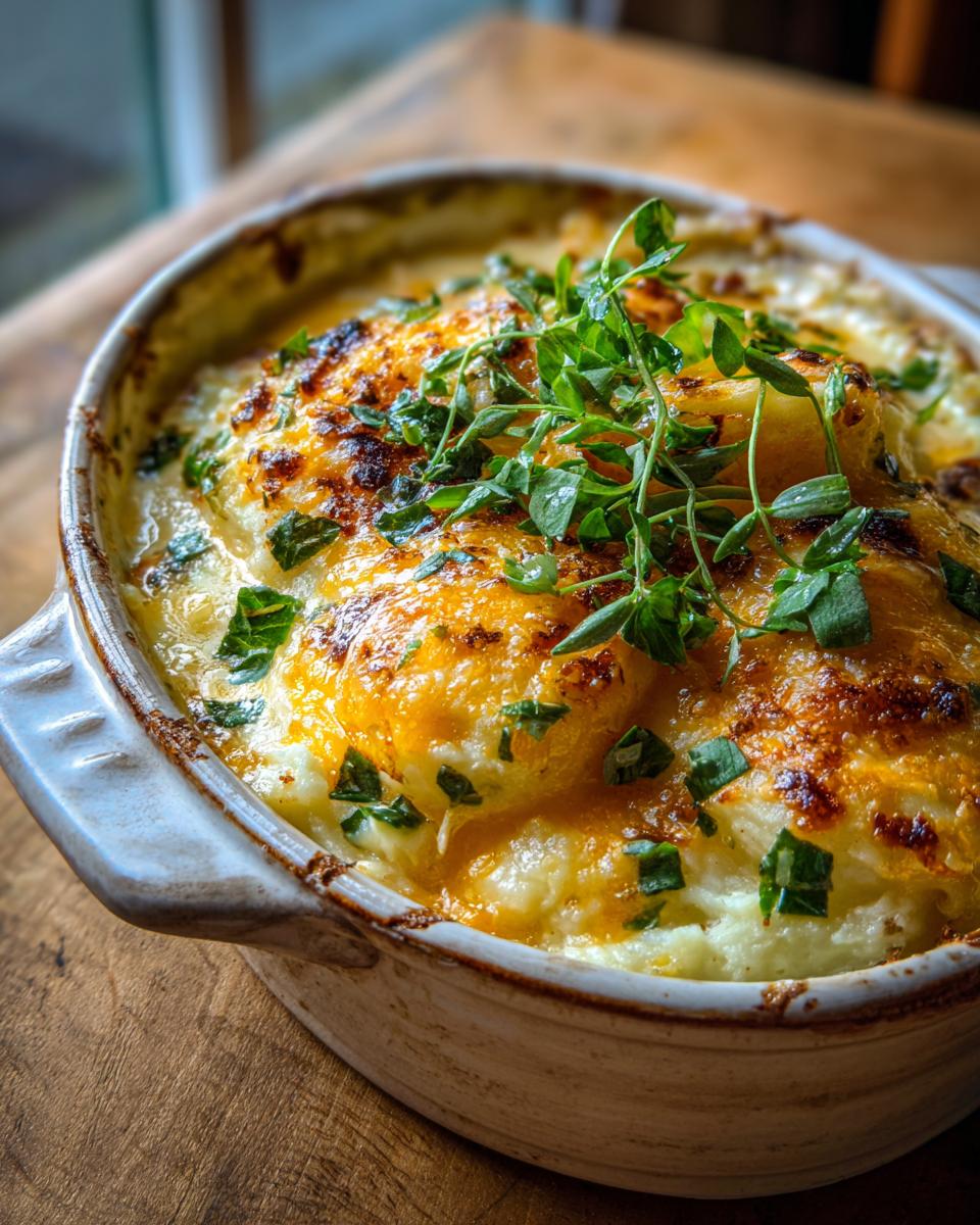Close-up of a golden-brown potato gratin, bubbling with cheese and topped with fresh herbs.