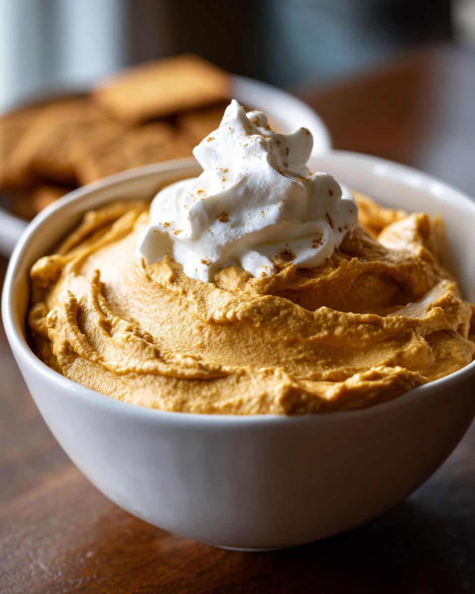 A close-up of a white bowl filled with creamy Pumpkin Cheesecake Dip, topped with whipped cream and a sprinkle of cinnamon.