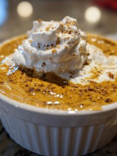 Close-up of creamy Pumpkin Cheesecake Dip topped with whipped cream and a sprinkle of cinnamon.
