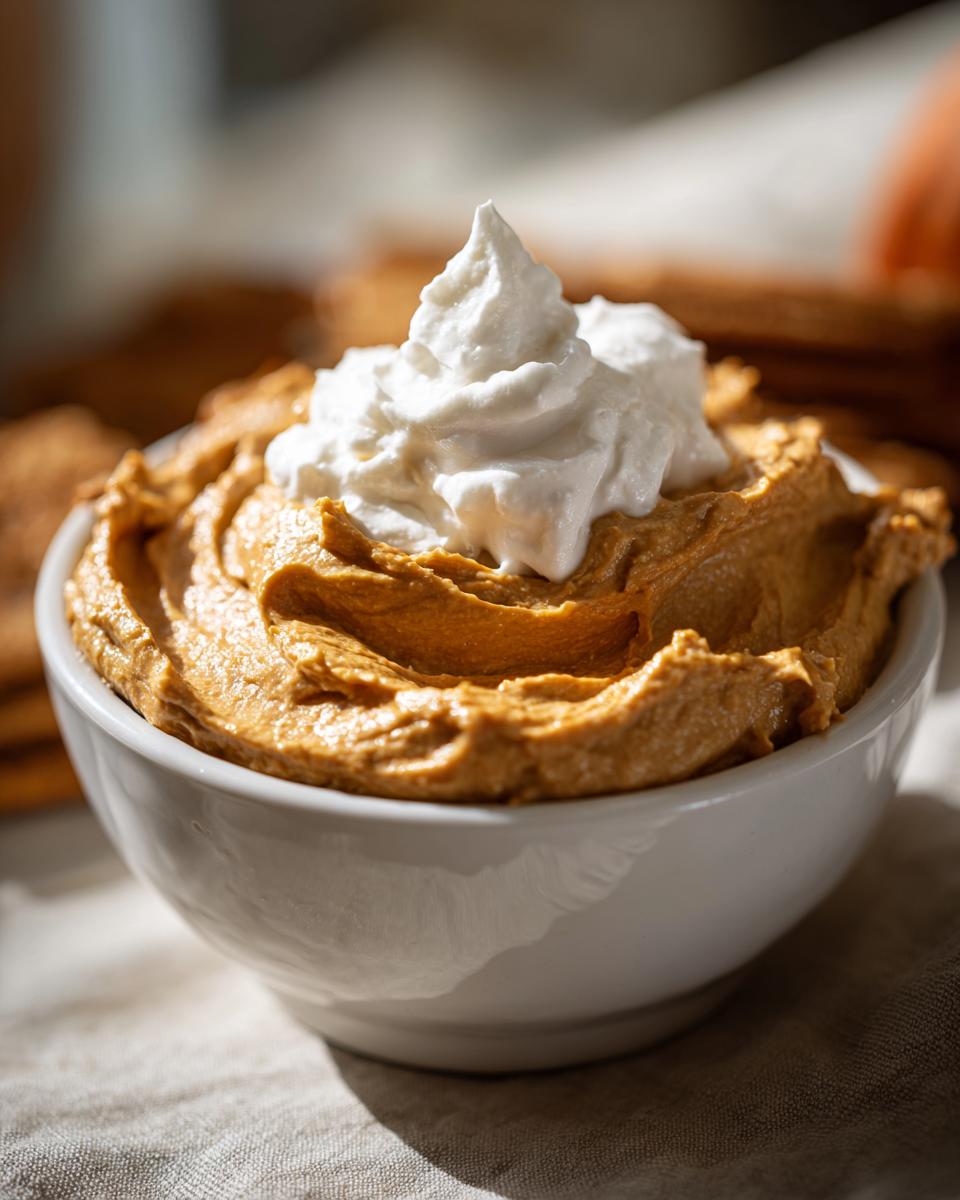 A close-up of a white bowl filled with creamy Pumpkin Cheesecake Dip, topped with a swirl of whipped cream.