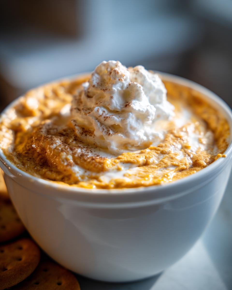 Close-up of a white bowl filled with creamy Pumpkin Cheesecake Dip, topped with whipped cream and a sprinkle of cinnamon.