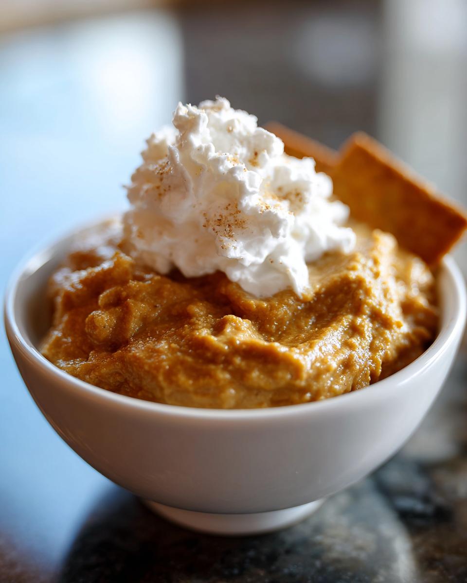 A close-up of a white bowl filled with creamy Pumpkin Cheesecake Dip, topped with whipped cream and a sprinkle of cinnamon, with a graham cracker in the background.