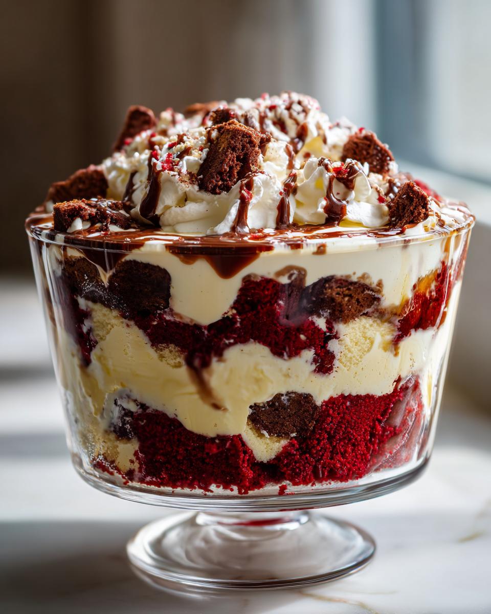 A close-up of layers in an Irresistible Red Velvet Cheesecake Trifle, showing red velvet cake, cream cheese filling, and chocolate pieces.