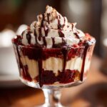 A close-up of an Irresistible Red Velvet Cheesecake Trifle in a glass dish, layered with red velvet cake, cream cheese filling, and topped with whipped cream and chocolate drizzle.