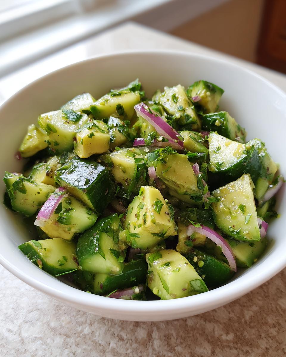 A close-up of a refreshing cucumber avocado salad with red onion and herbs in a white bowl.