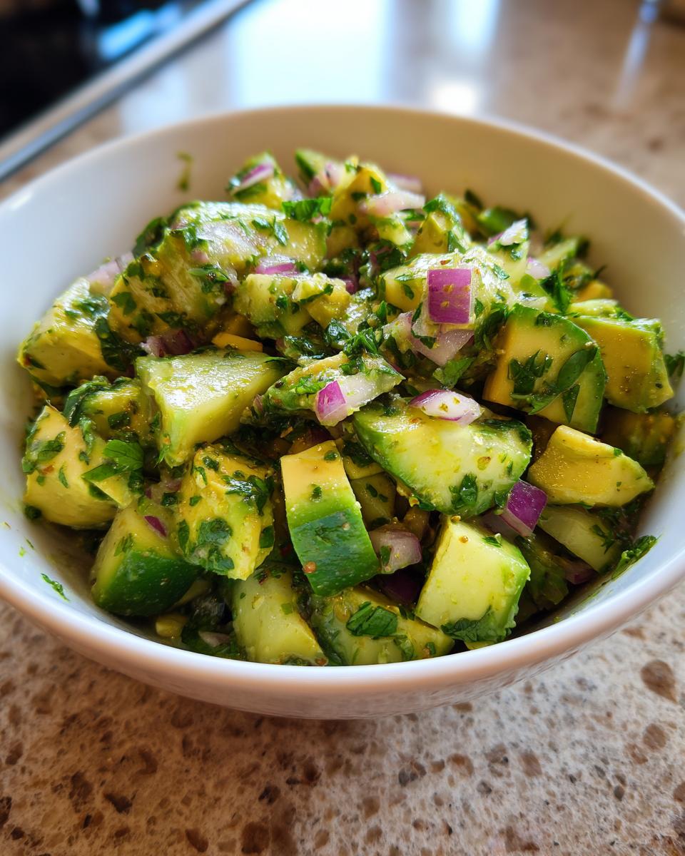 Close-up of a Refreshing Cucumber Avocado Salad for Summer Bliss, featuring diced avocado, cucumber, red onion, and herbs in a white bowl.