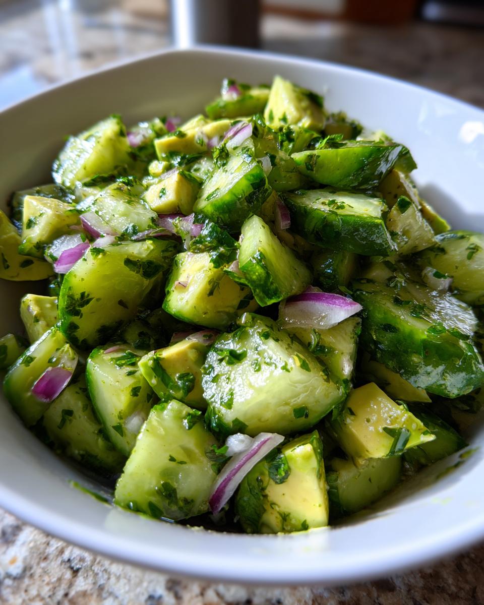 Close-up of a refreshing cucumber avocado salad with red onion and herbs in a white bowl.
