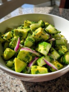 A close-up of a Refreshing Cucumber Avocado Salad with diced avocado, cucumber, red onion, and herbs in a white bowl.