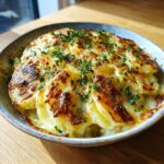 Close-up of a creamy scalloped potato recipe, baked to golden perfection and garnished with fresh herbs.