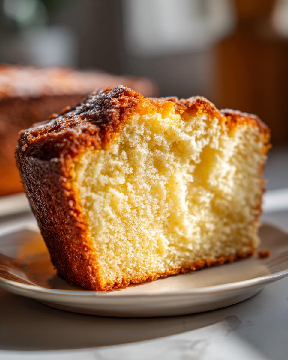 A close-up shot of a moist slice of Slap Ya Momma Pound Cake on a plate, dusted with powdered sugar.