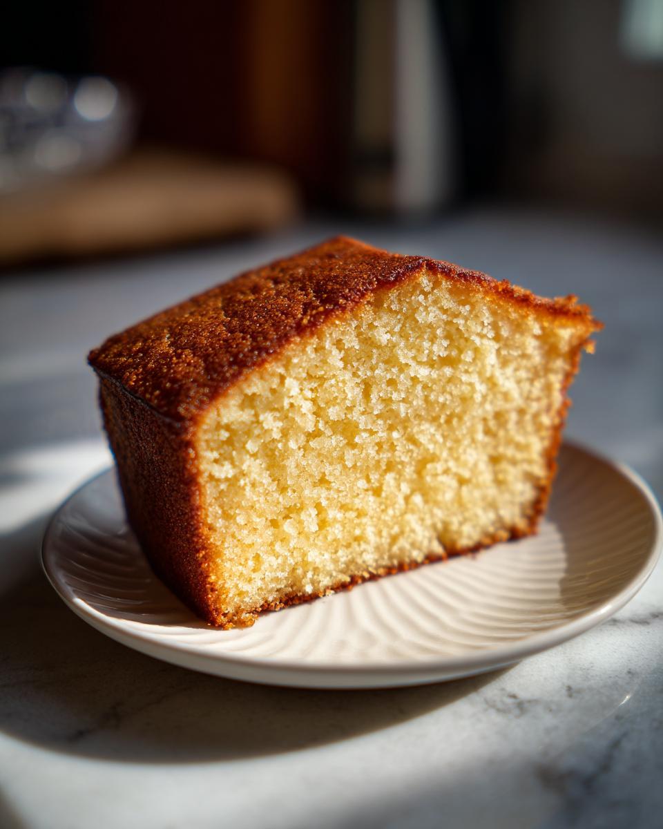 A close-up of a moist slice of Slap Ya Momma Pound Cake on a small white plate.