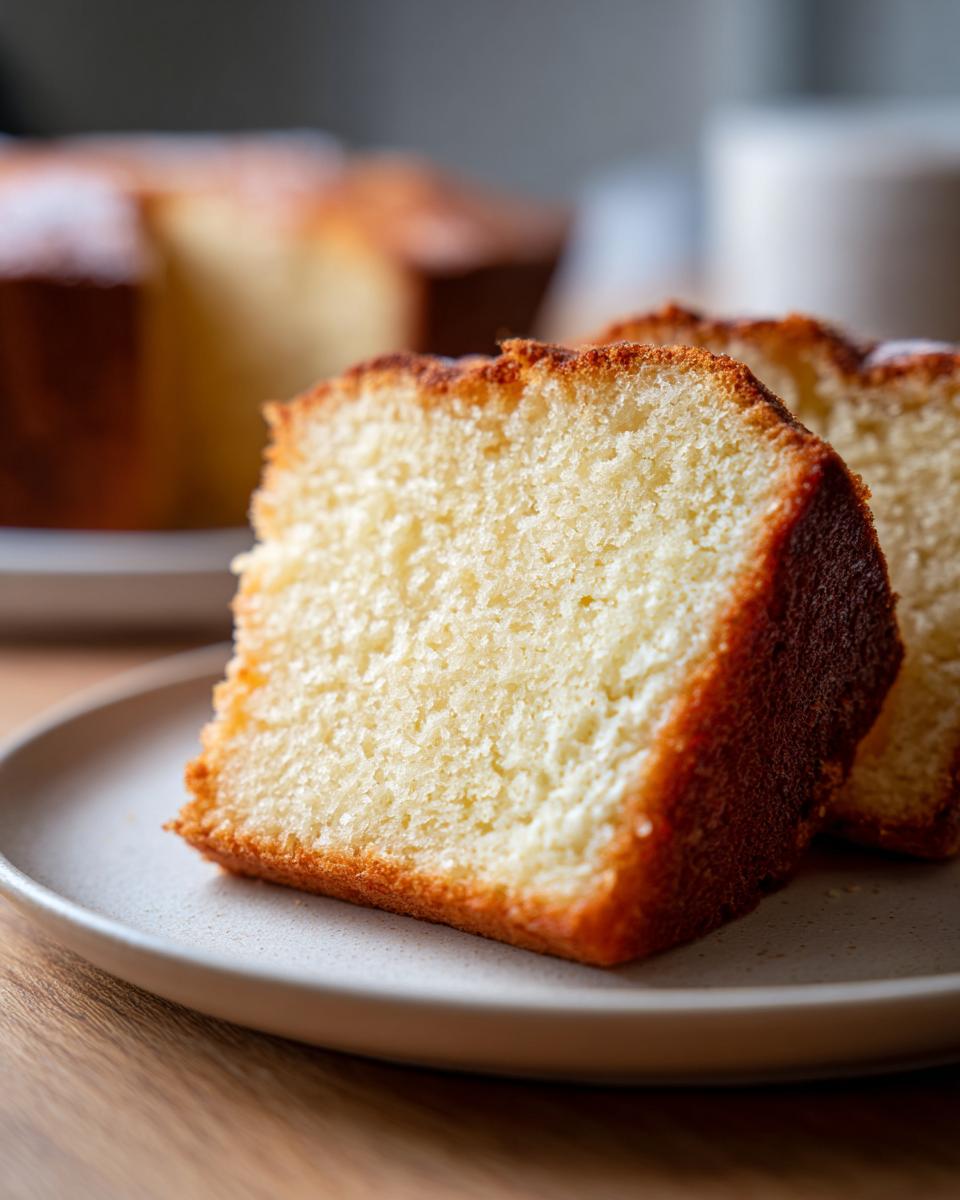 Close-up of two moist slices of Slap Ya Momma Pound Cake on a plate, with the rest of the cake blurred in the background.