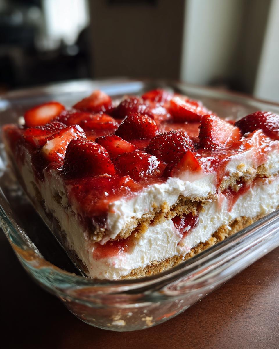 A close-up of a Strawberry Lasagna Dessert in a glass baking dish, layered with cream cheese filling, graham crackers, and fresh strawberries.