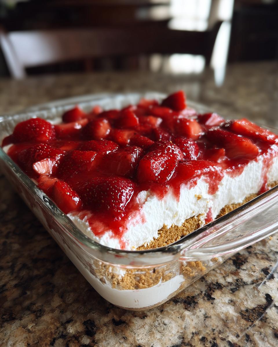 A close-up of a Strawberry Lasagna Dessert in a clear glass baking dish, topped with fresh strawberries and sauce.