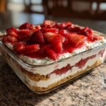A close-up of a delicious Strawberry Lasagna Dessert in a glass baking dish, layered with cream cheese, strawberries, and graham cracker crust.