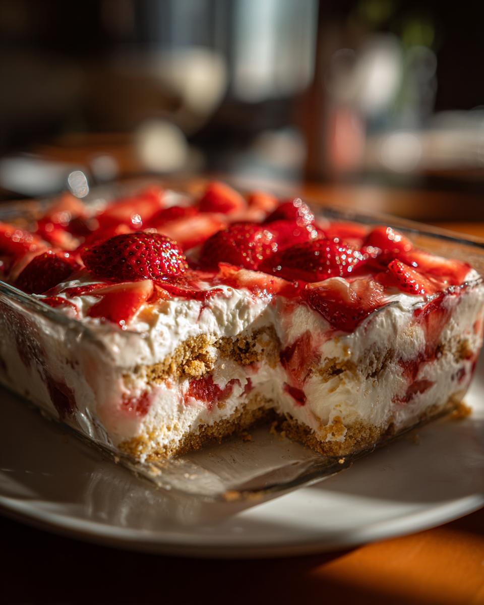 A slice of Strawberry Lasagna Dessert in a glass baking dish, showing layers of creamy filling, graham cracker crust, and fresh strawberries.