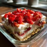A delicious slice of Strawberry Lasagna Dessert in a glass dish, topped with fresh strawberries and cream cheese filling.