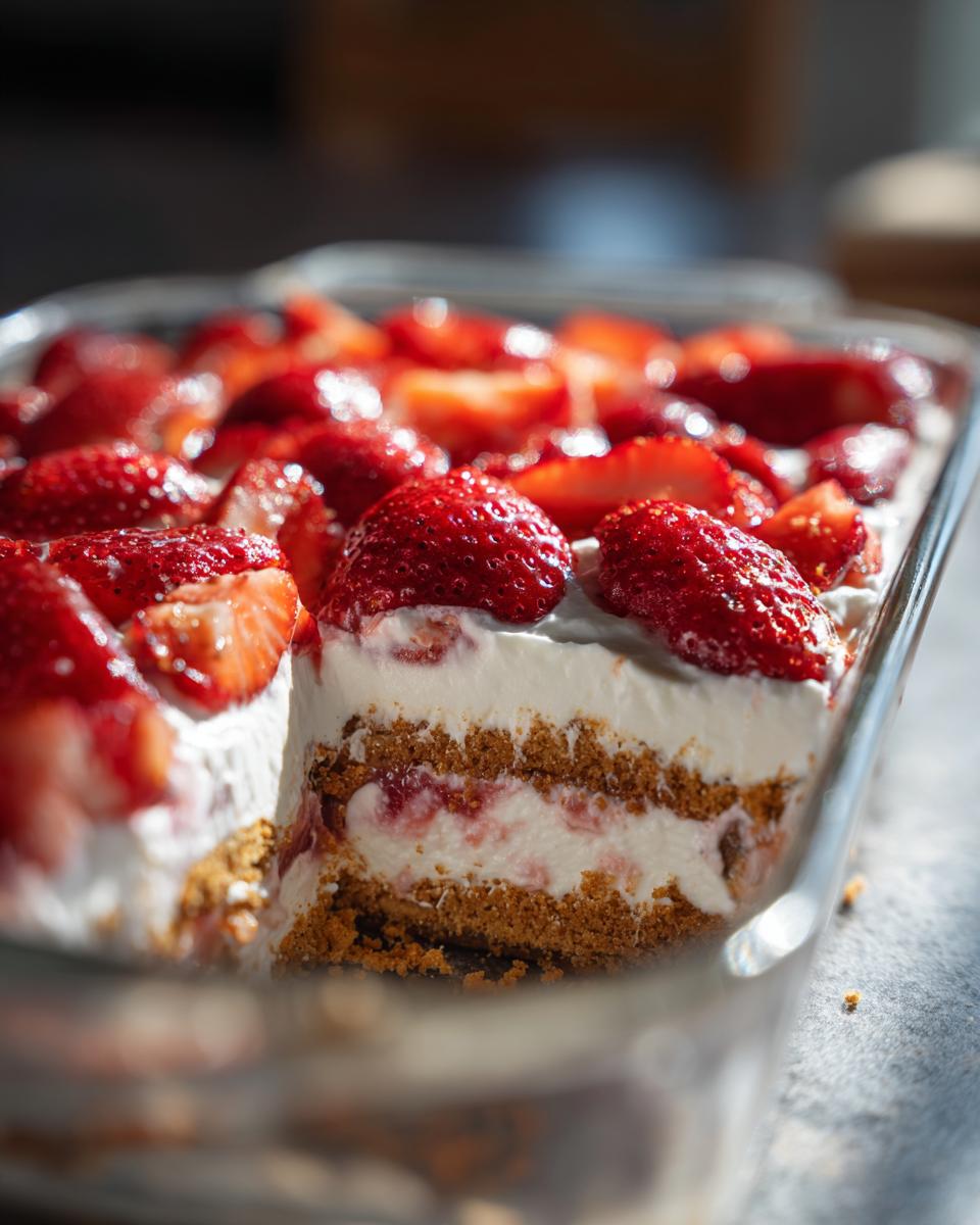 A slice of Strawberry Lasagna Dessert in a glass dish, featuring layers of graham cracker crust, creamy filling, and fresh strawberries.