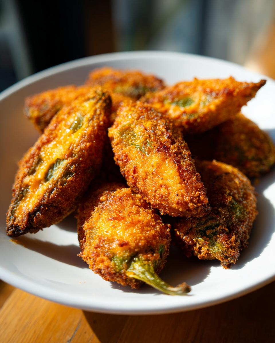 A close-up of golden-brown, crispy fried jalapeño poppers filled with cheese, representing the Irresistible Texas Roadhouse Rattlesnake Bites Recipe.