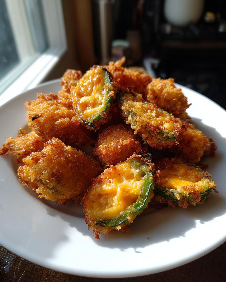 A close-up of Irresistible Texas Roadhouse Rattlesnake Bites, featuring golden-brown fried jalapeño slices stuffed with melted cheese.