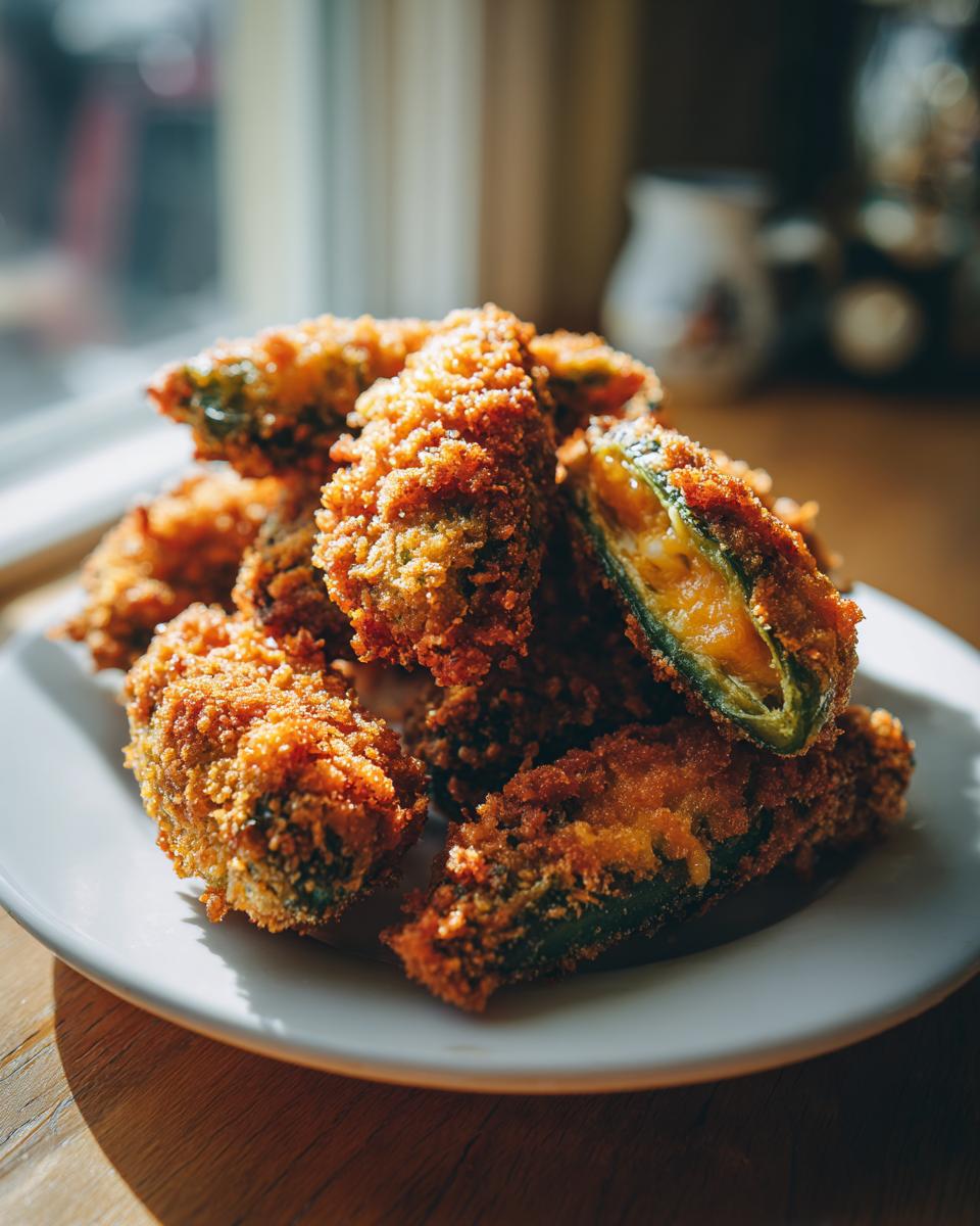 A close-up of crispy, golden-brown fried jalapeño poppers, known as Irresistible Texas Roadhouse Rattlesnake Bites, on a white plate.