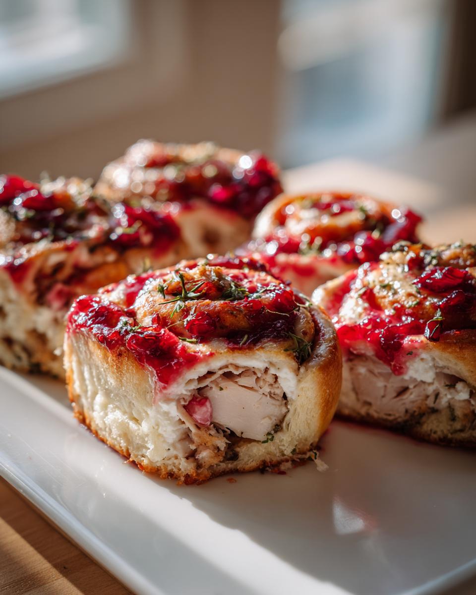 Close-up of Turkey Cranberry Pinwheels on a white plate, showcasing layers of dough, turkey, and cranberry sauce.