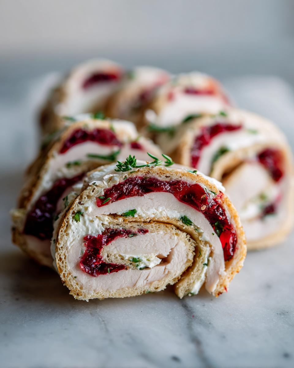 Close-up of a slice of Turkey Cranberry Pinwheels, showing layers of turkey, cream cheese, and cranberry sauce rolled in bread.