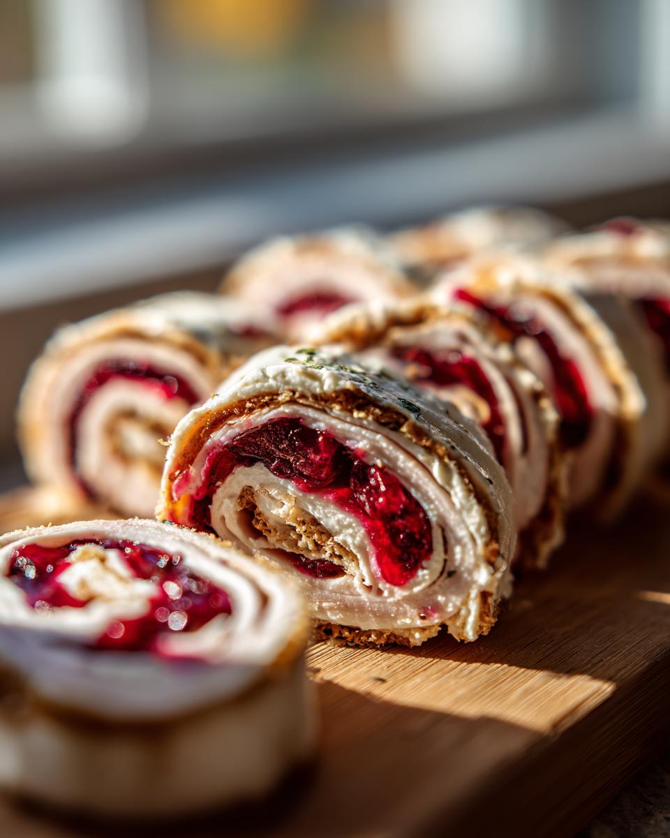 Close-up of sliced Turkey Cranberry Pinwheels on a wooden board, showing layers of turkey, cream cheese, and cranberry filling.