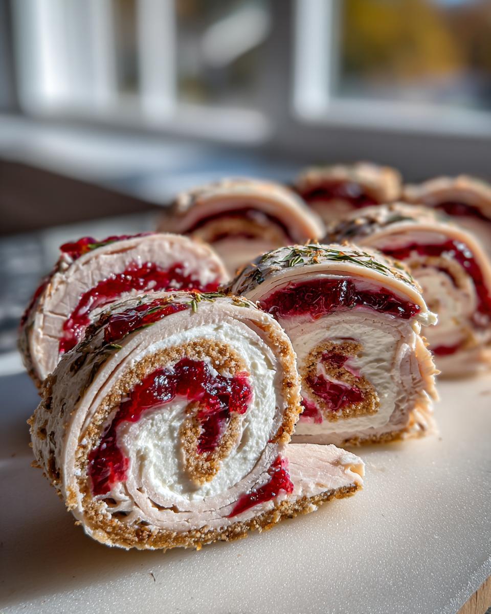 Close-up of sliced Turkey Cranberry Pinwheels filled with cream cheese and cranberry sauce, garnished with herbs.