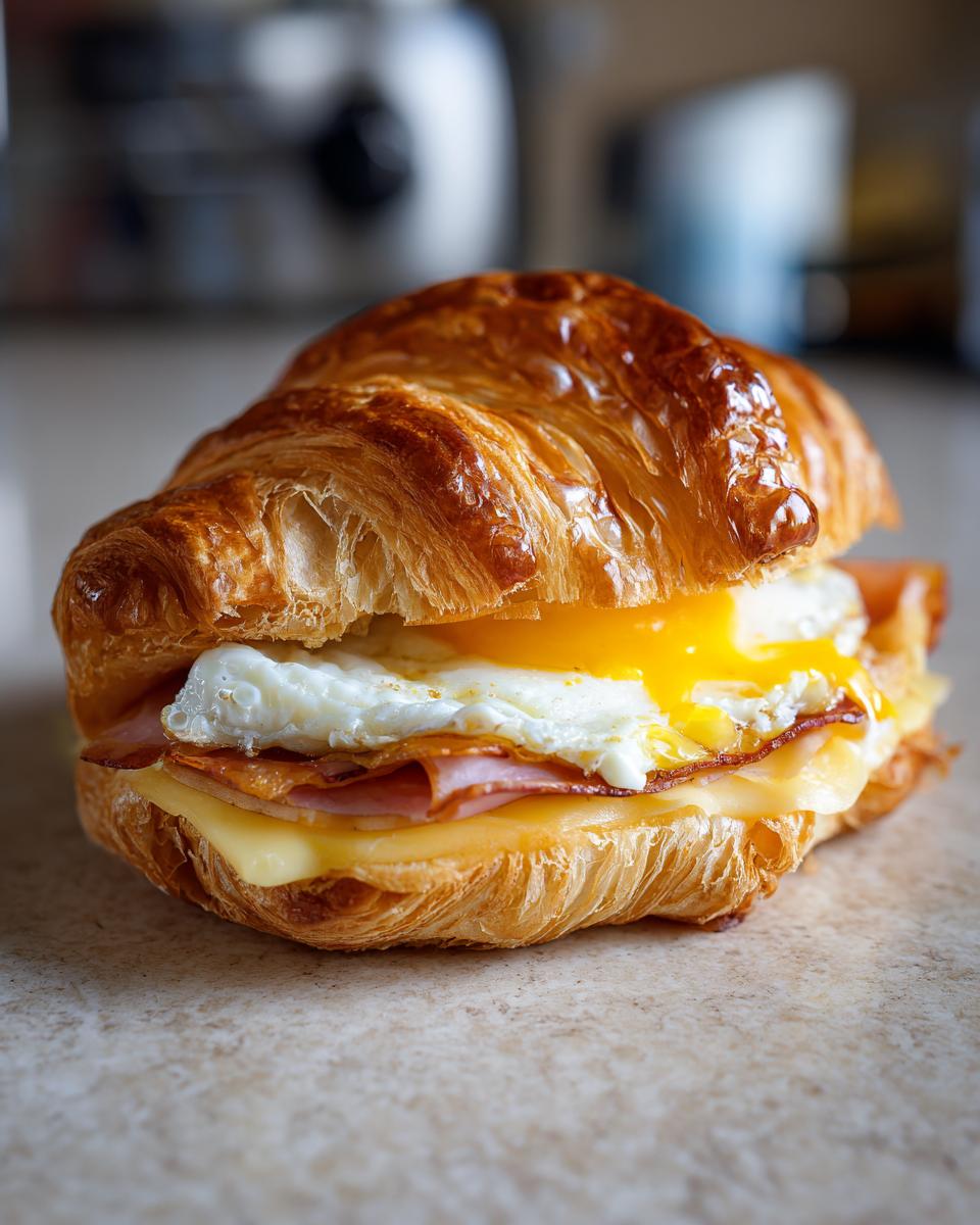 A delicious and easy croissant breakfast sandwich filled with ham, cheese, and a fried egg with a runny yolk.