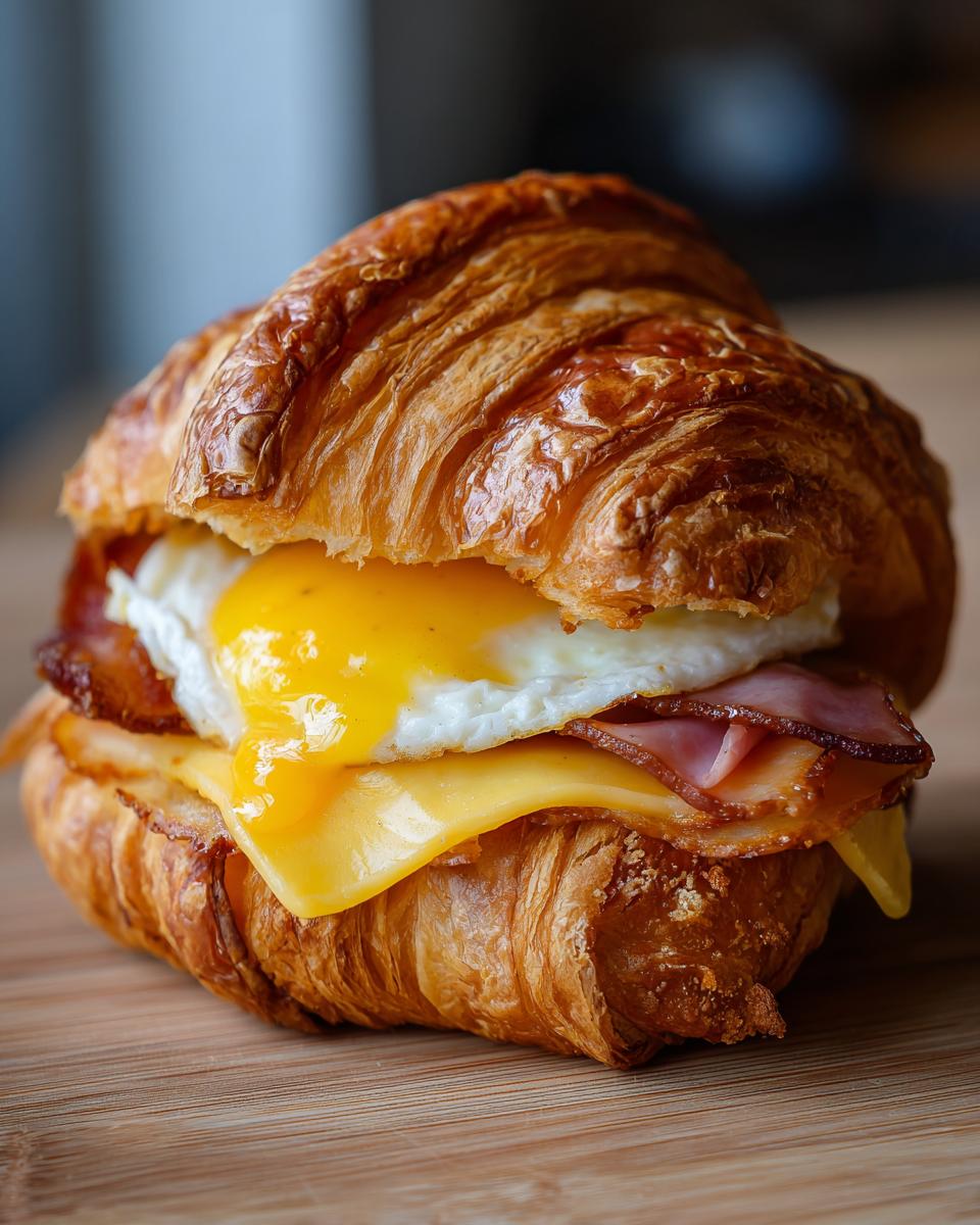 A delicious Ultimate Easy Croissant Breakfast Sandwich with fried egg, cheese, and ham on a golden croissant.