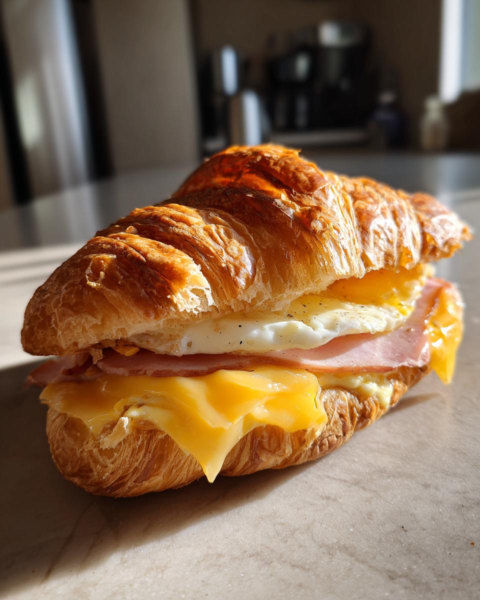 A close-up of an Ultimate Easy Croissant Breakfast Sandwich filled with a fried egg, ham, and melted cheese.