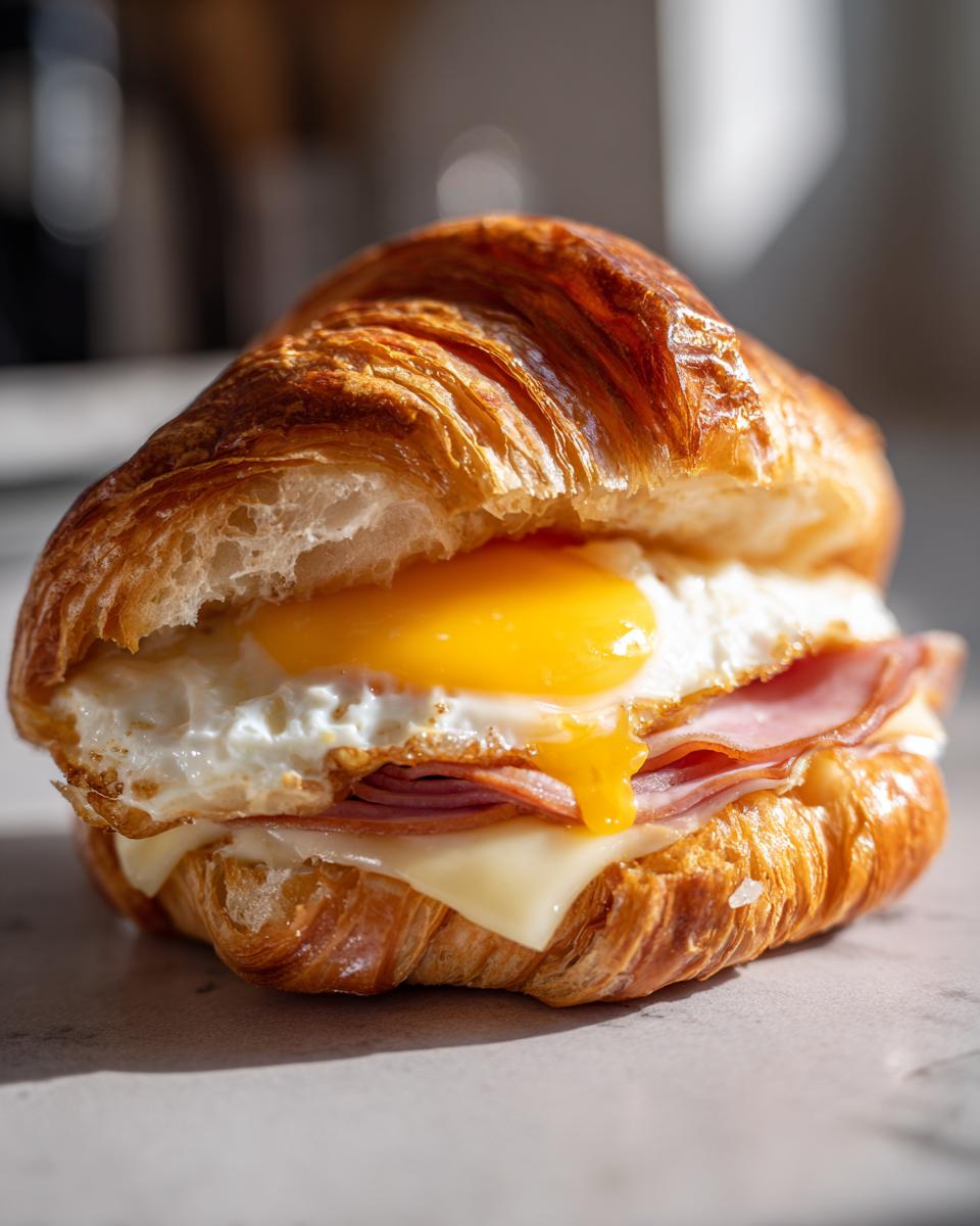 Close-up of an Ultimate Easy Croissant Breakfast Sandwich with a fried egg, ham, and cheese.