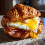 A close-up of an Ultimate Easy Croissant Breakfast Sandwich filled with ham, crispy bacon, and a runny fried egg.