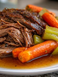 A close-up of a plate featuring a tender Ultimate Slow Cooker Pot Roast with chunks of carrots and celery in savory gravy.
