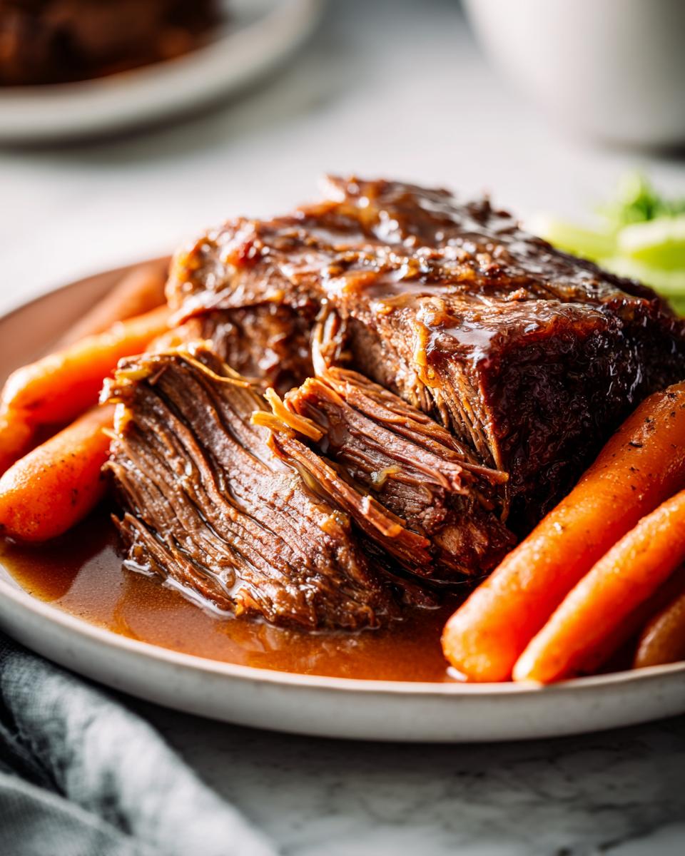 Close-up of tender, shredded Ultimate Slow Cooker Pot Roast with glazed carrots on a plate.
