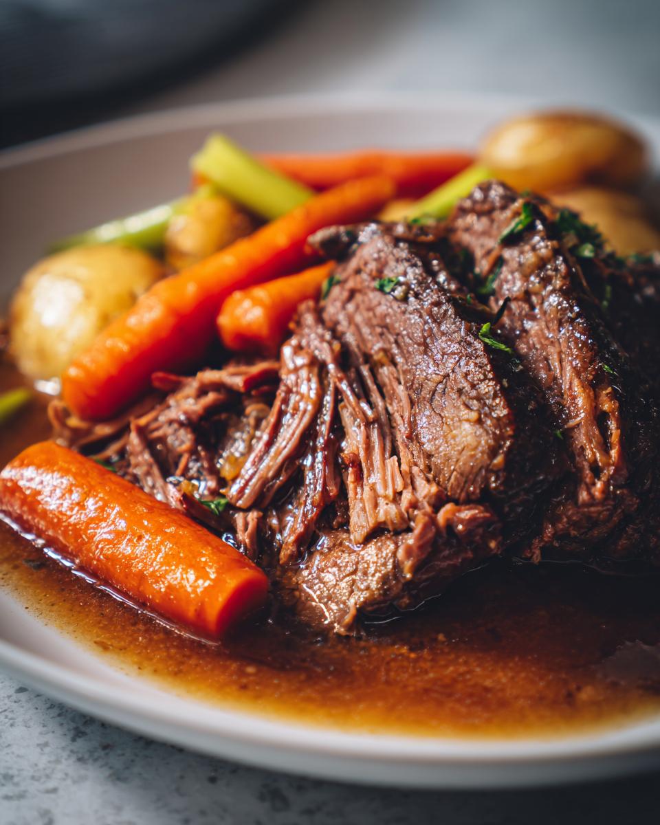 Close-up of a tender Ultimate Slow Cooker Pot Roast Recipe with carrots, potatoes, and celery in rich gravy.