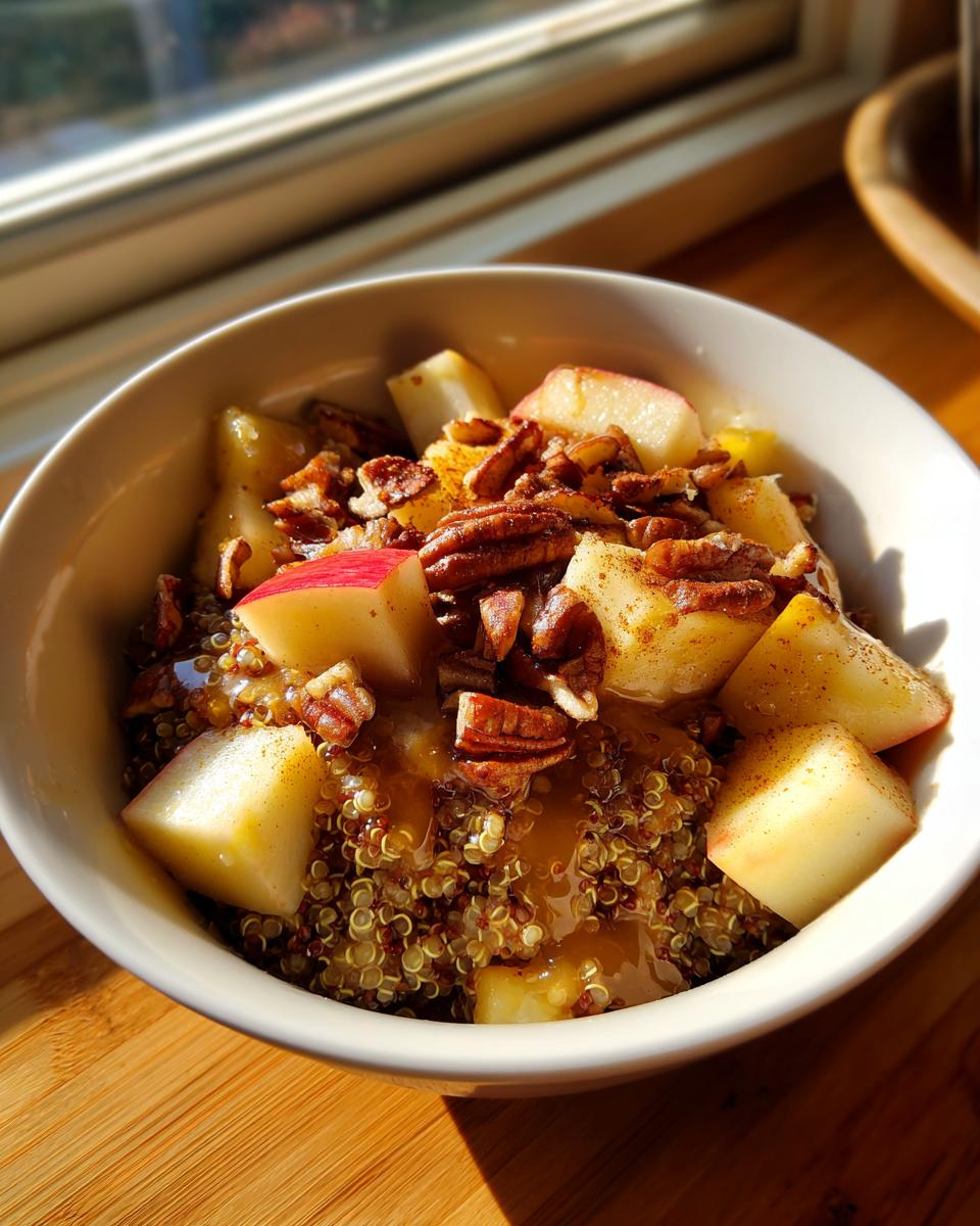 Close-up of a warm 10 Minute Fall Harvest Quinoa Breakfast Bowl topped with diced apples and pecans.