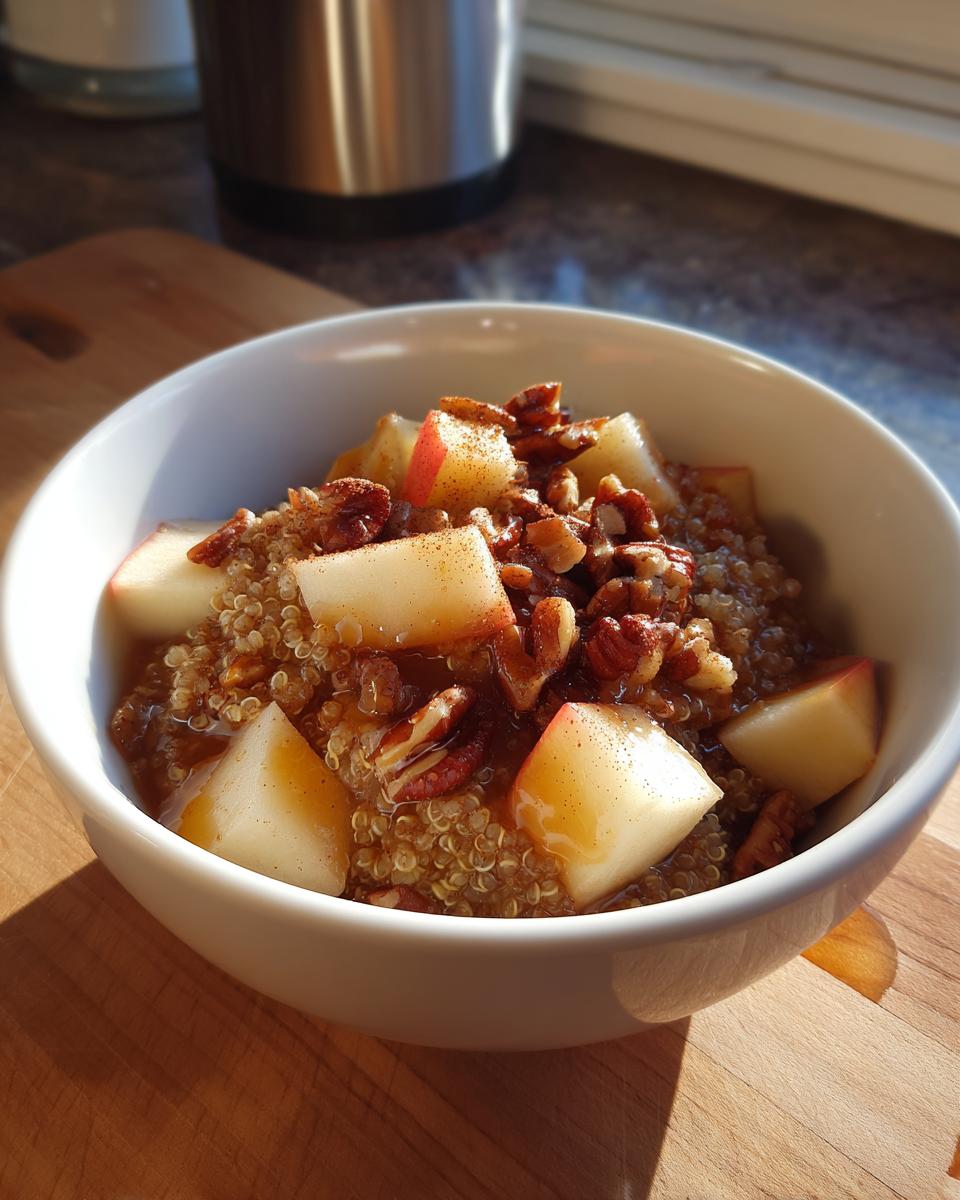 Close-up of a 10 Minute Fall Harvest Quinoa Breakfast Bowl topped with diced apples and pecans.