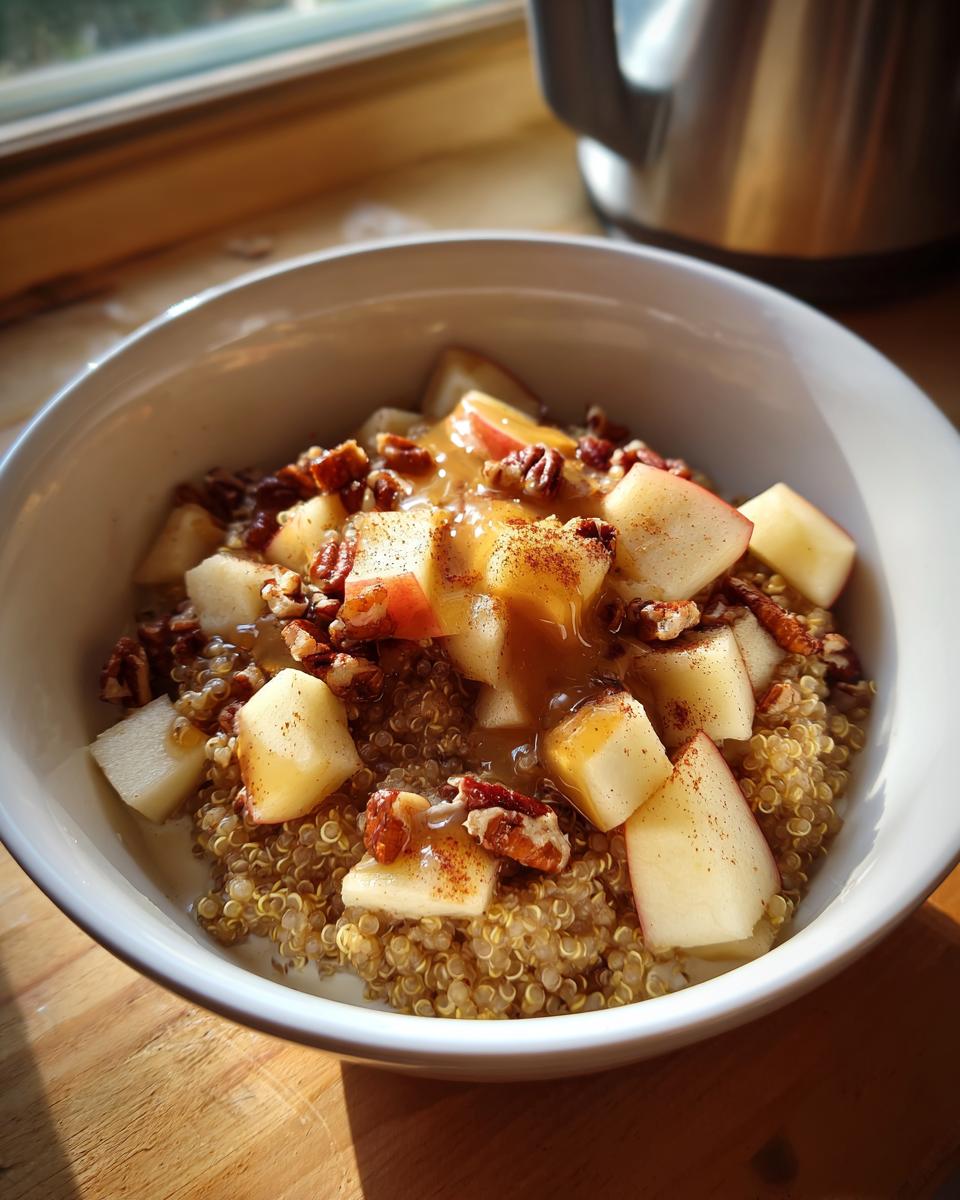 Close-up of a 10 Minute Fall Harvest Quinoa Breakfast Bowl topped with diced apples, pecans, and caramel sauce.
