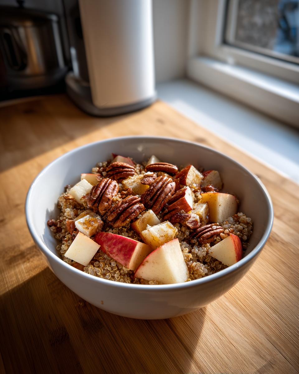 A close-up of the 10 Minute Fall Harvest Quinoa Breakfast Bowl topped with diced apples and pecans.