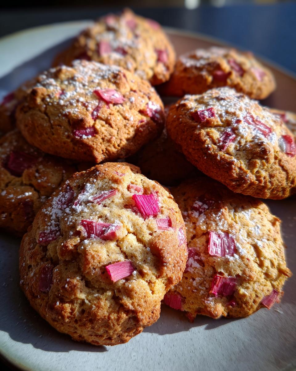 A close-up of a pile of Amazing Rhubarb Cookies, dusted with powdered sugar and studded with bright pink rhubarb pieces.