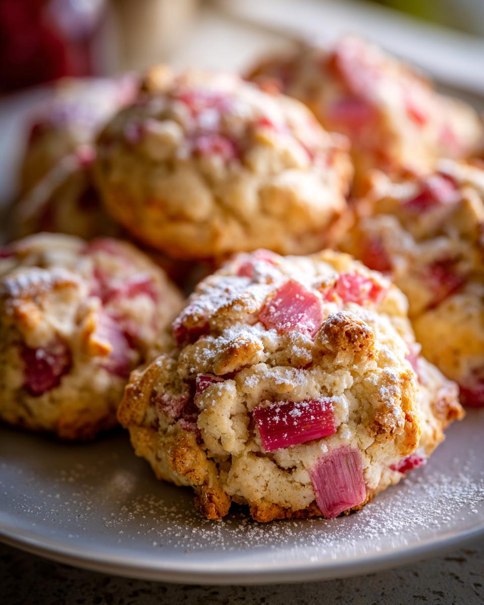 Close-up of Amazing Rhubarb Cookies dusted with powdered sugar, showing chunks of pink rhubarb.