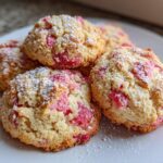 A close-up of several Amazing Rhubarb Cookies on a white plate, dusted with powdered sugar.