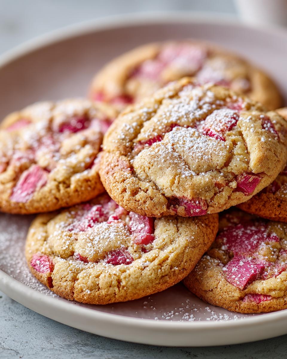 A close-up of several Amazing Rhubarb Cookies, dusted with powdered sugar, showcasing chunks of pink rhubarb.