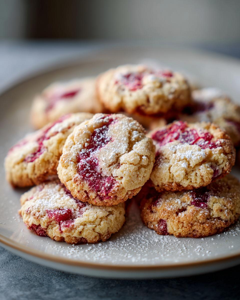 A pile of Amazing Rhubarb Cookies dusted with powdered sugar, showcasing their tart fruit filling.