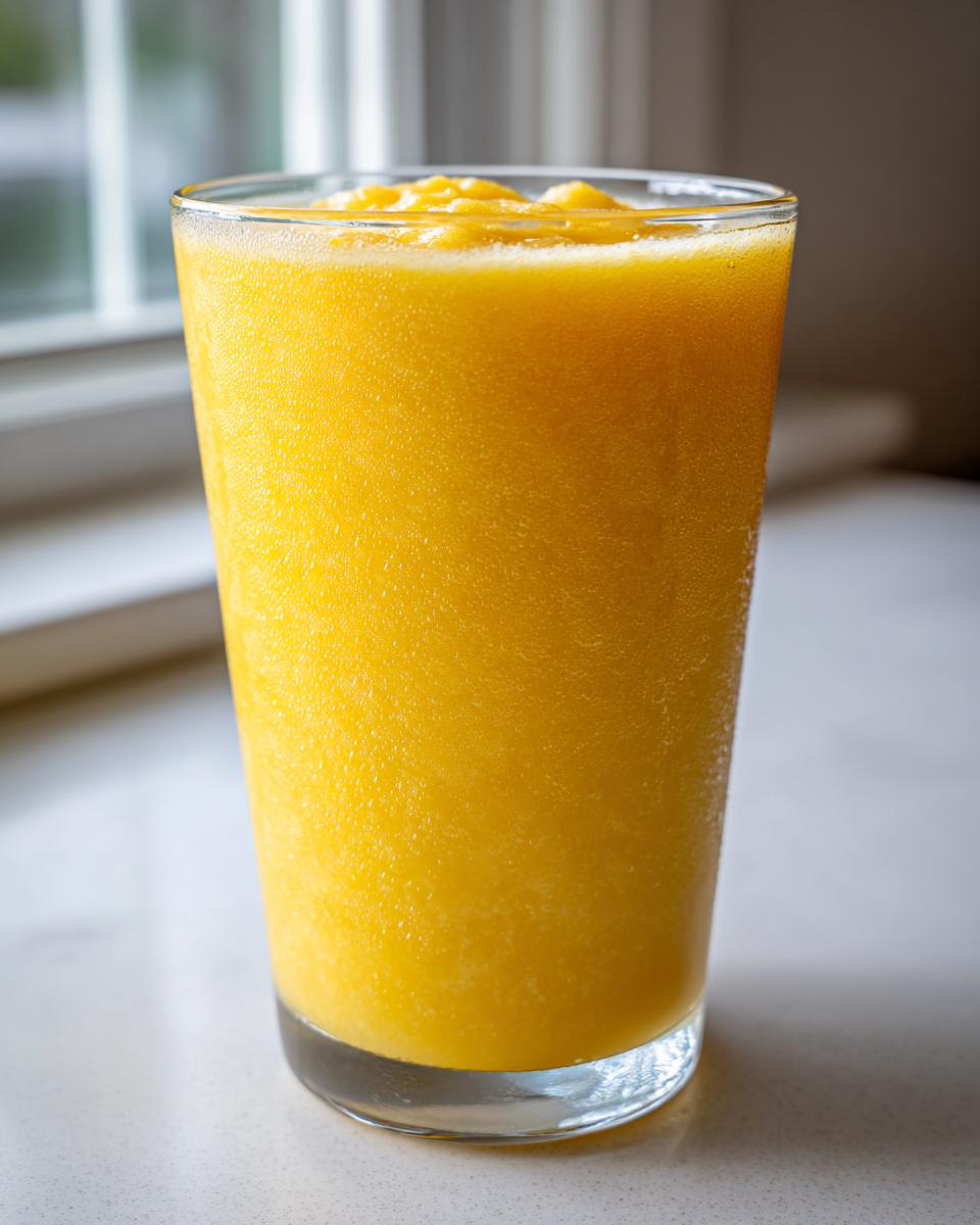 A tall glass filled with a thick, bright yellow Anti Inflammatory Pineapple Citrus Smoothie.