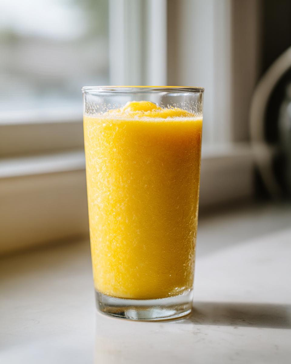 A tall glass filled with a thick, bright yellow Anti Inflammatory Pineapple Citrus Smoothie, sitting on a white counter near a window.
